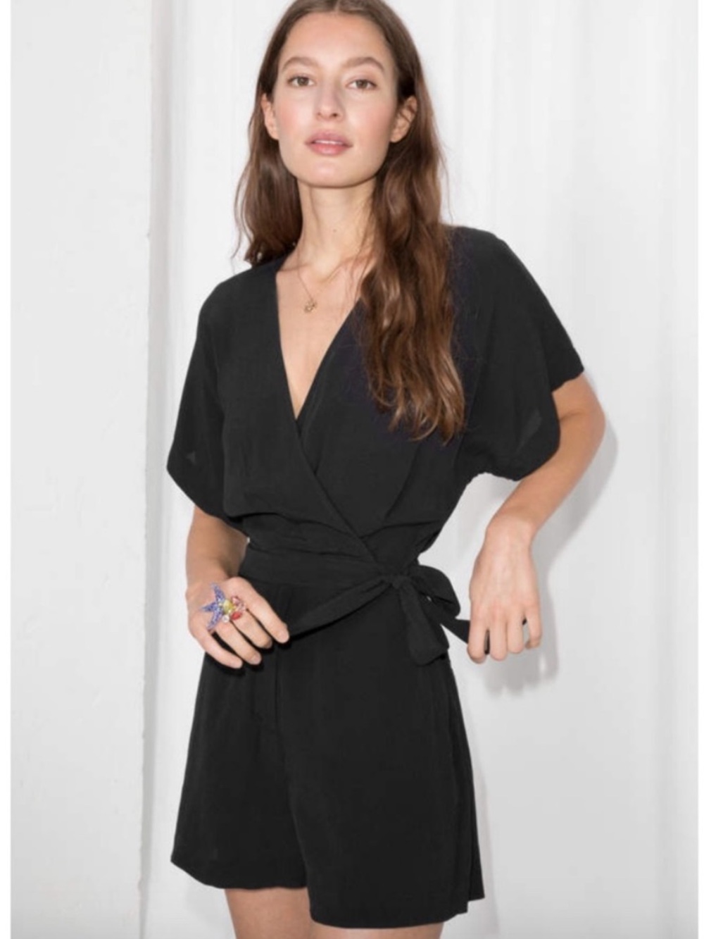 & Other Stories Paris Atelier Wrap Tie Romper Black Viscose Size 8 Summer V-Neck